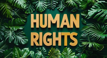 human rights lettering on jungle leaves background
