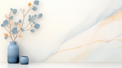 Marble Background with Blue and Green Leaves - Nature Inspired Wall Art Poster Design
