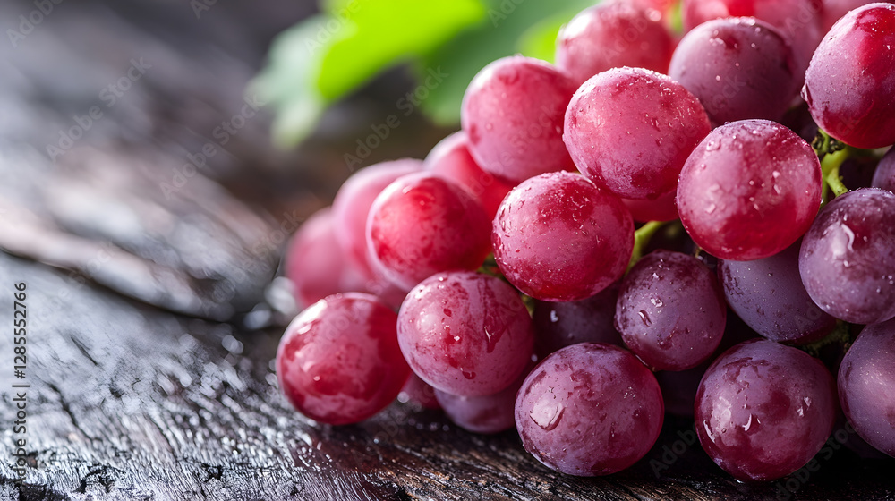 Aufkleber cluster of fresh grapes with water droplets on rustic wooden surface : generative ai
