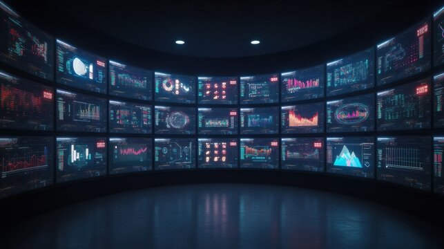 Vibrant Financial Data Visualization on Curved Screens in Dark Room