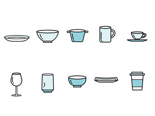 シンプルな食器セットの線画カラーイラスト（単色、ドット）