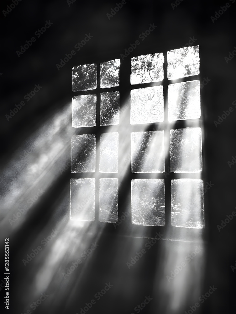 Poster Mystical Sun Rays Streaming Through Grid Window in Vintage Black and White : Generative AI