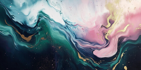 Abstract Fluid Shapes in White, Teal Green, and Orange with Gold Accents Creating a Dynamic and Harmonious Flow of Colors in an Oil Painting on Canvas