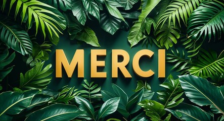 merci lettering on jungle leaves background