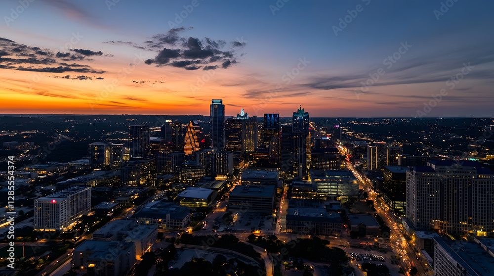 Poster stunning austin cityscape at dusk with colorful sky and illuminated buildings : generative ai