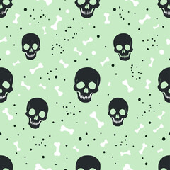 black skull silhouettes and white bones scattered across a light green background.