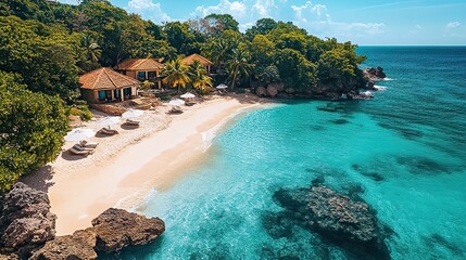 Obraz premium Escape to this picturesque island, where tropical vegetation meets a serene beach, offering a peaceful retreat