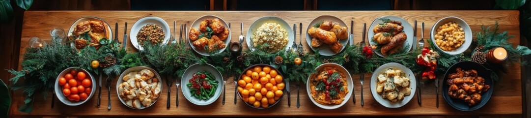 Delicious Holiday Feast with Seasonal Dishes on Wooden Table. Generative AI