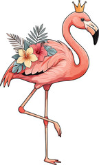 Regal Flamingo with Tropical Flowers Elegant Bird Illustration Design