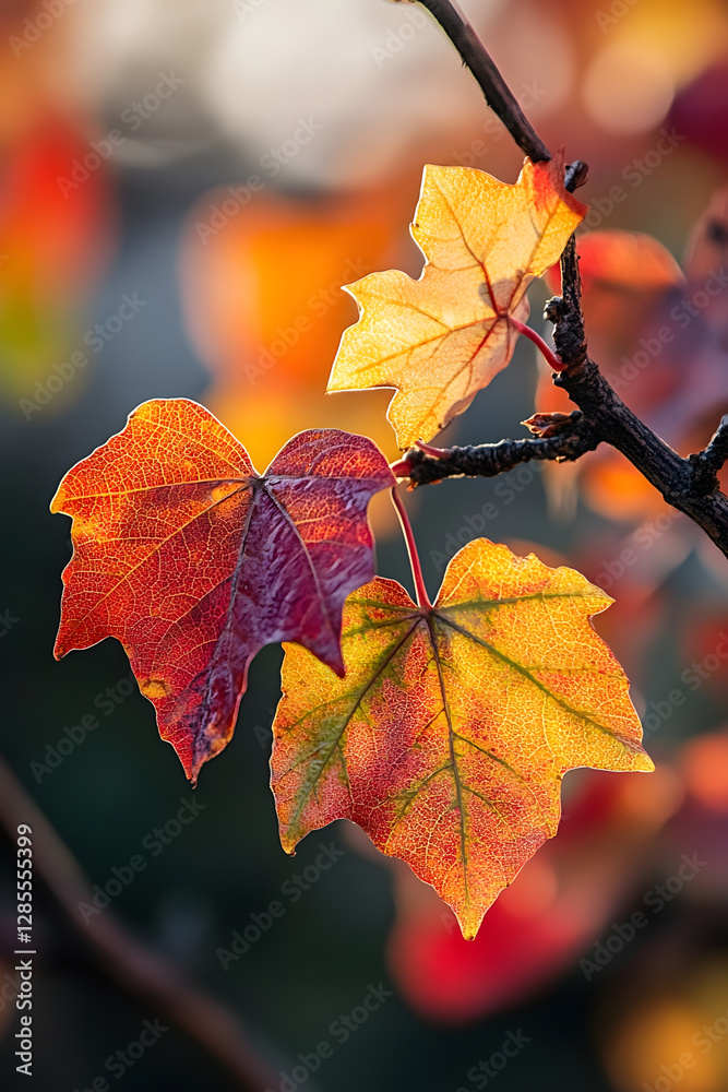 Poster vibrant close-up of autumn leaves with red and yellow hues on branch : generative ai
