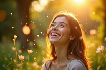 Summer Garden Flowers. Young smiling woman sunlight flowers meadow joy