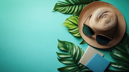 Essential travel items for summer include a hat, passport, and sunglasses, arranged on a light blue background.
