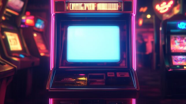 Glowing Arcade Machine with Blank Screen in a Retro Video Game Center at Night