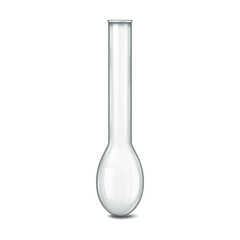 Realistic illustration of a transparent glass laboratory flask. The flask's long neck and rounded bottom are designed for scientific experiments and chemical reactions.