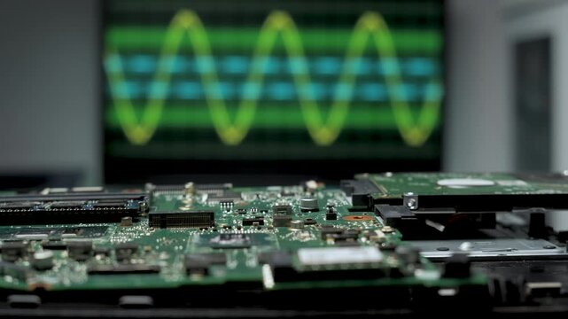 A circuit board is placed in the foreground while an oscilloscope in the background displays fluctuating electronic signals. The setting is a modern laboratory.
