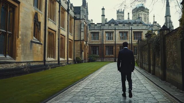 A solitary man in a suit walks along a cobblestone path in a historic university courtyard, surrounded by grand Gothic-style architecture. The overcast sky and muted tones create a contemplative 