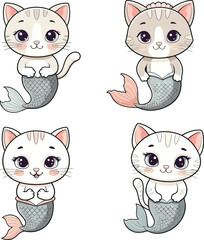 Adorable Cat Mermaids Kawaii Cute Kitten Illustrations, Pastel Colors