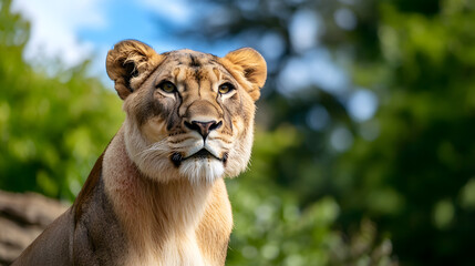 Obraz premium Majestic Female Lioness in Natural Habitat Surrounded by Greenery and Clear Blue Sky : Generative AI