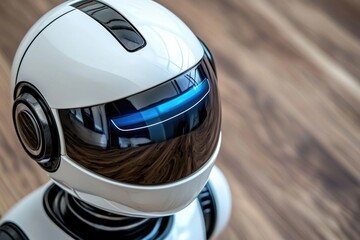 Fototapeta premium Close-up view of a white household robot on a wood floor in a modern setting
