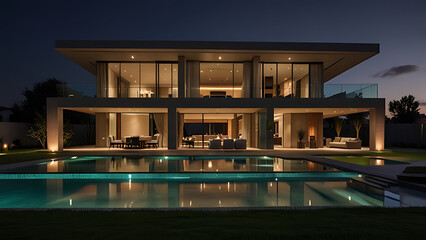 Modern two-story villa illuminated at night, featuring large glass windows, a pool, and a sleek architectural design.

