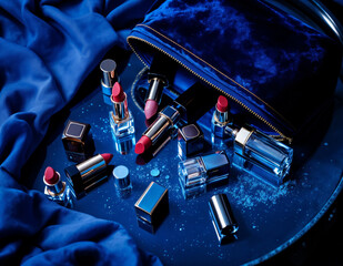 Cosmetics on blue background. Lipsticks, nail polish, lipstick and clutch. Luxury Lipstick Collection