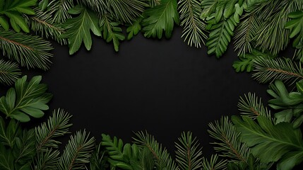 Lush Evergreen Frame on Dark Background: A Flat Lay Image AI Generated