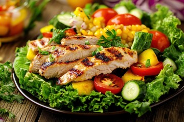 Delight in a vibrant lettuce wrap bursting with grilled chicken and fresh, colorful vegetables at a sunny outdoor table. Generative AI