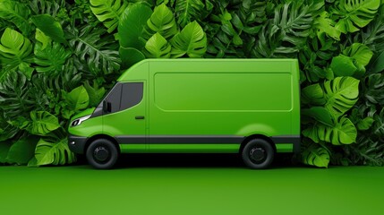 Eco-friendly delivery van in a lush green environment promoting sustainable transportation practices