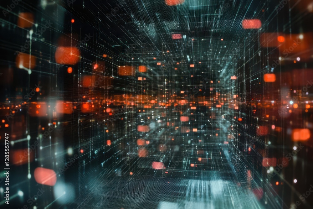 Poster network of connections and data flow represented through an abstract visualization of digital inform