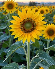Obraz premium A vibrant sunflower stands tall among a field of blooming sunflowers, showcasing its bright yellow petals and intricate center.