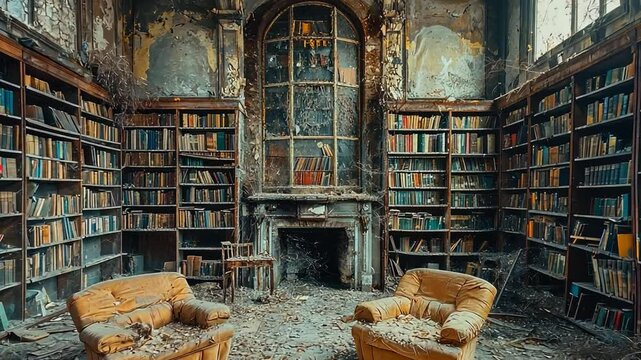 Forgotten Knowledge: Step inside a time-worn library, where towering bookshelves overflowing with aged volumes line the walls, accompanied by antique chairs and a sense of faded grandeur. 