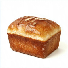 A close-up of a freshly baked loaf of bread with a glossy, golden-brown crust, featuring a smooth top and a fluffy texture, placed on a clean white background.