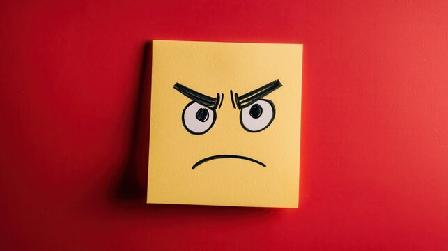 Angry Expression on Yellow Note Pad Against Red Background
