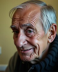 A close-up portrait of an elderly man with distinctive facial wrinkles and a warm smile, showcasing the beauty of aging.