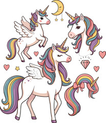 Adorable Rainbow Unicorns Whimsical Clipart, Magical Design Elements