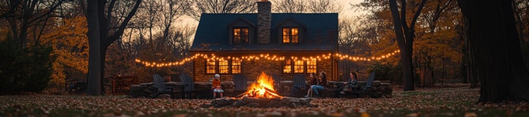 Fototapeta premium Autumn Gathering Around the Fire Pit Outside a Cottage. Generative AI