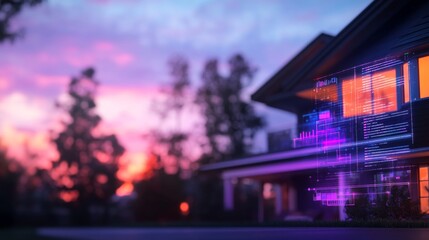 Smart home at dusk, projected interface