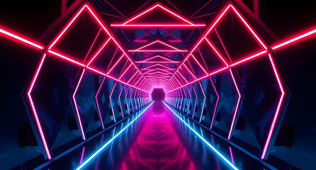 Abstract geometric tunnel with pulsating neon lights background. Hypnotic pathway into the unknown