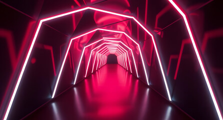 Abstract geometric tunnel with pulsating neon lights background. Hypnotic pathway into the unknown
