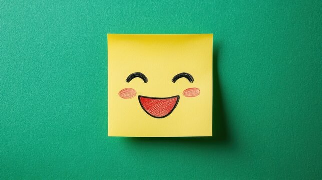 Cheerful Smiley Face on Yellow Sticky Note Against Green Background