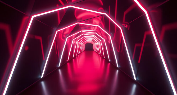 Abstract geometric tunnel with pulsating neon lights background. Hypnotic pathway into the unknown