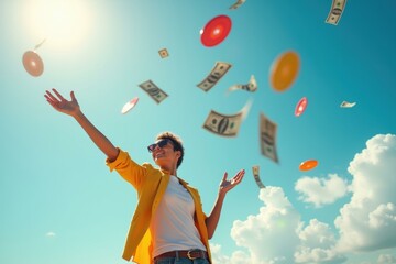 Woman is throwing money in air with her hands