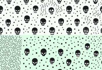 a repeating arrangement of black skull icons on a light green background, with some white lines and dots scattered throughout.