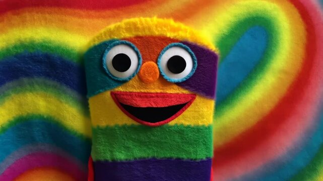 A colorful sock puppet with a rainbow background. The puppet is smiling and has a black nose. The background is a rainbow with different colors