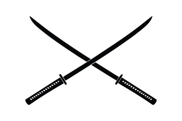 Silhouette art design of two crossed katanas with curved blades and traditional Japanese hilts.eps