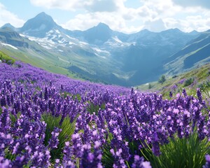 Fototapeta premium Serene Lavender Fields in Idyllic Mountain Valley Landscape