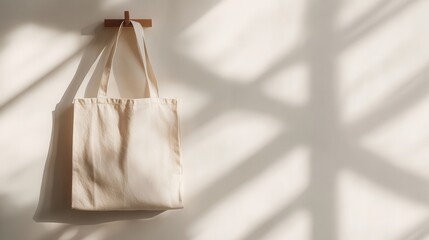 Minimalistic Beige Tote Bag Hanging on Wall with Soft Shadow Play on Background