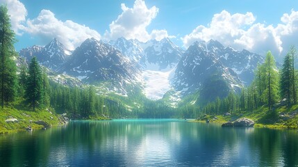 Fototapeta premium Serene Mountain Landscape with Turquoise Glacier Fed Lake Reflecting Majestic Peaks