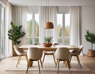 Fototapeta premium White and wooden minimalistic dining room interior