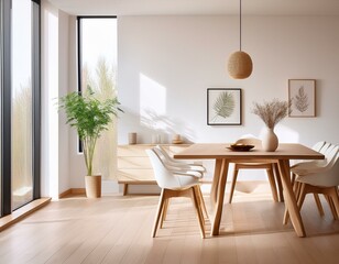White and wooden minimalistic dining room interior
